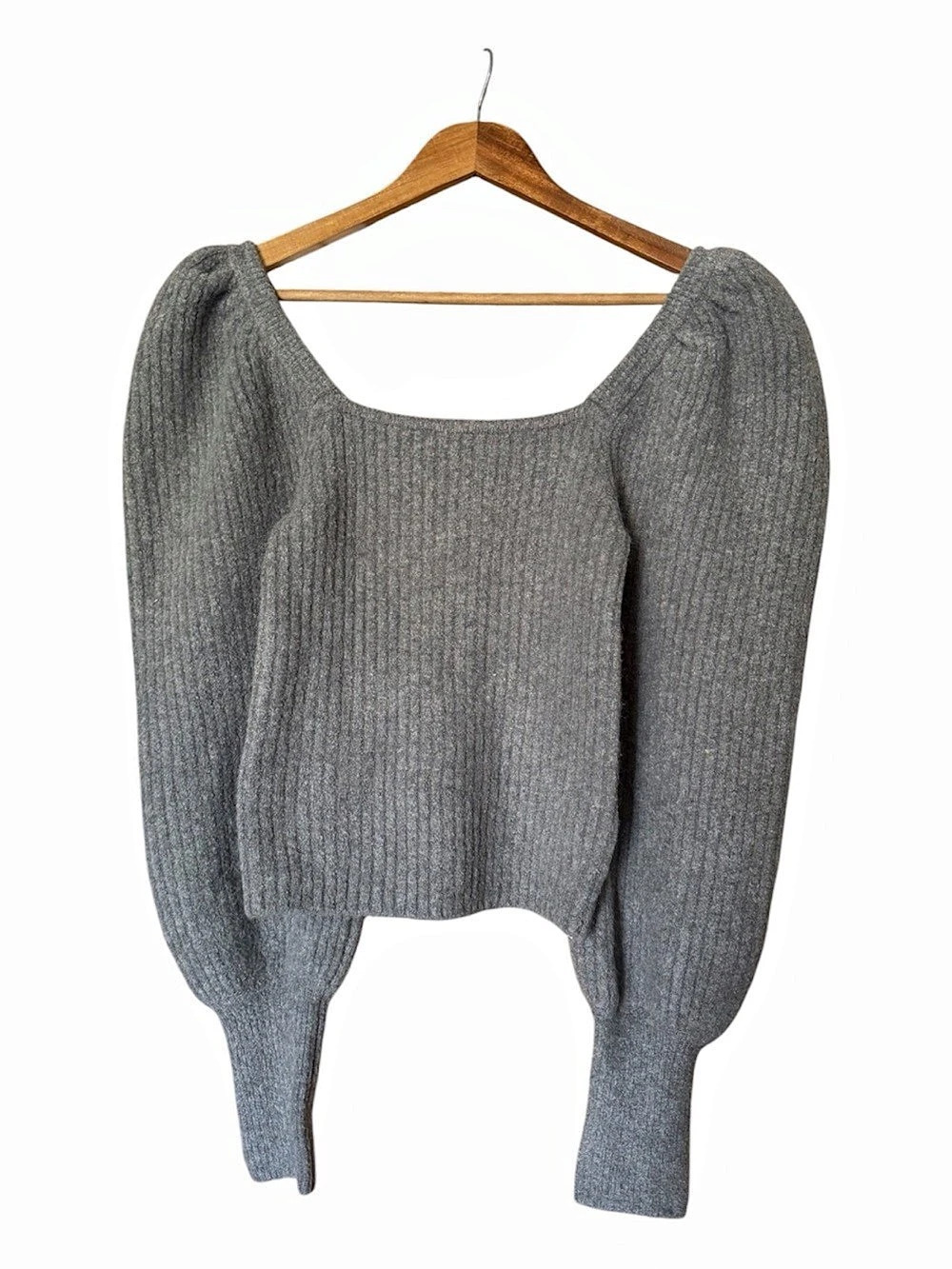 Zara Gray Ribbed Puff Square Neck Heavy Knit Sweater Size Medium
